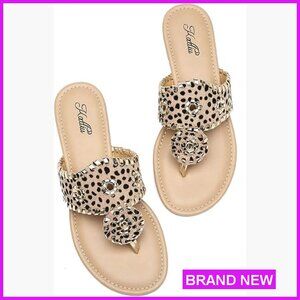 Leopard Print Flat Sandals Dressy Thong Flip Flops Whipstitching Detail